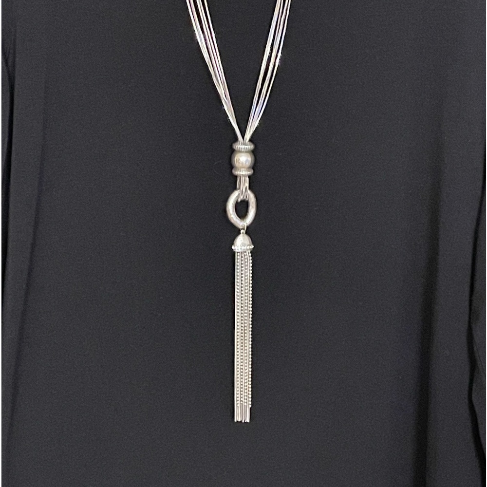 Chico’s Long Silver Multi Strand Necklace with Tassel